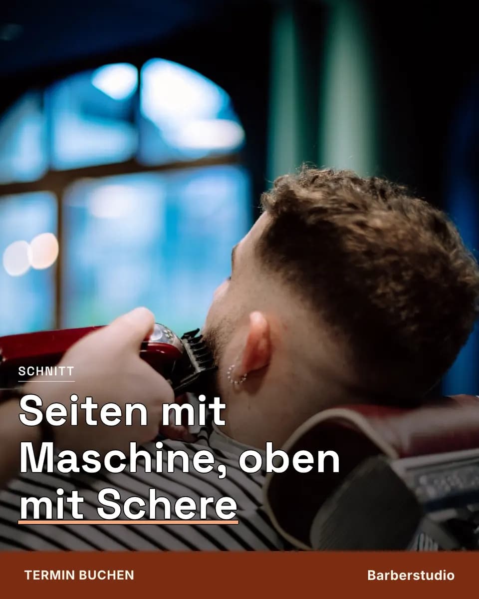 Seiten mit Maschine, oben mit Schere, Barberstudio