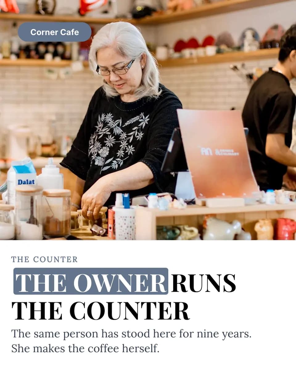 THE OWNER RUNS THE COUNTER, Corner Cafe